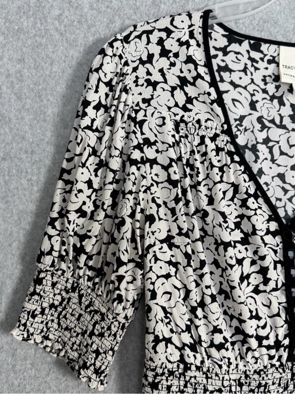Tracy Reese x Anthropologie Floral Peplum Blouse Black Cream Smocked Waist Small - Picture 4 of 15